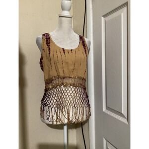 Patrons of Peace Tan Purple Tie Dye Fringe Macrame Tank Top Womens Large L